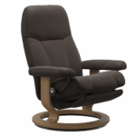 Stressless Sessel Consul Power mit elektrischer Verstellung, bezogen in Leder Batick Braun mit Holzgestell eichefarben gebeizt