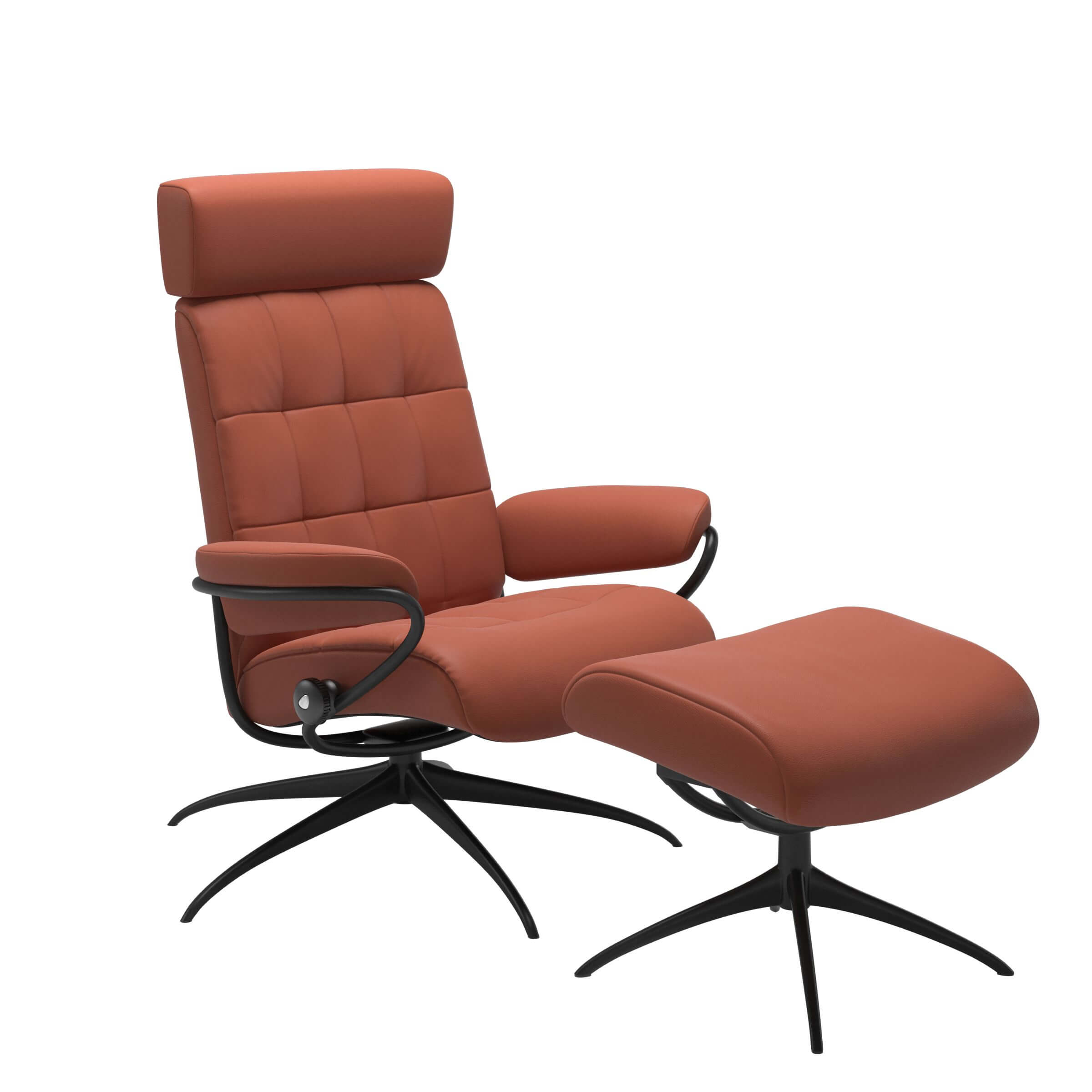 Stressless Modell London mit höhenverstellbarer Kopfstütze und Hocker, bezogen in Echtleder henna, Starbase Gestell in schwarzem Metall