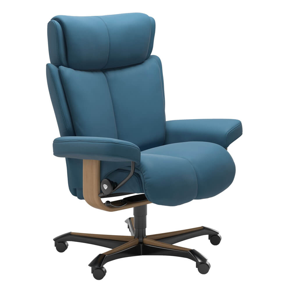 Stressless Home Office Bürostuhl in Leder Paloma Crystal Blue, mit Holzelementen eichefarben gebeizt und verstellbarer Kopfstütze