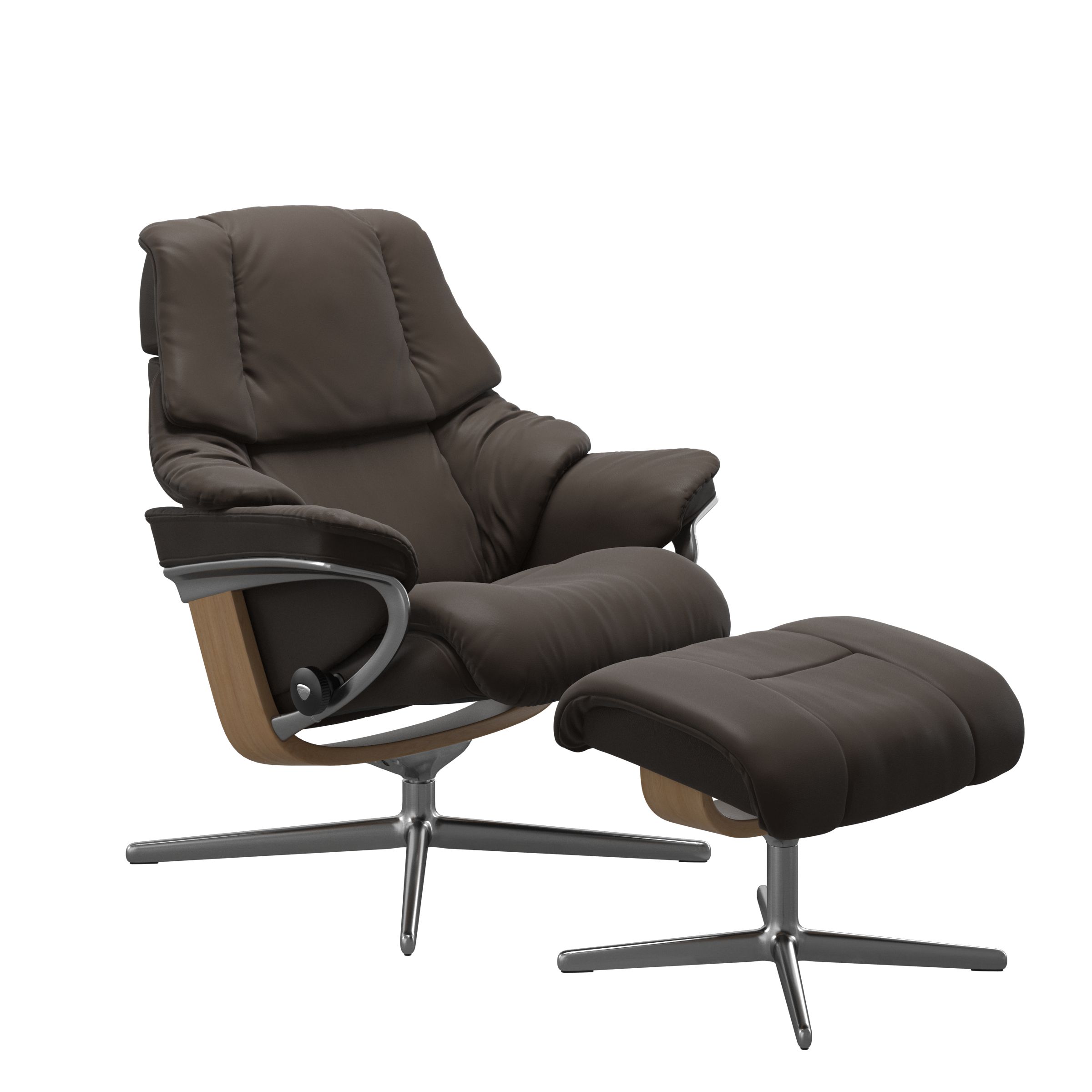 Stressless Modell Reno mit Cross Untergestell und höhenverstellbarer Kopfstütze, Bezug in Leder Batick Braun, Gestell in Holz Eichefarben und Metall Chrom