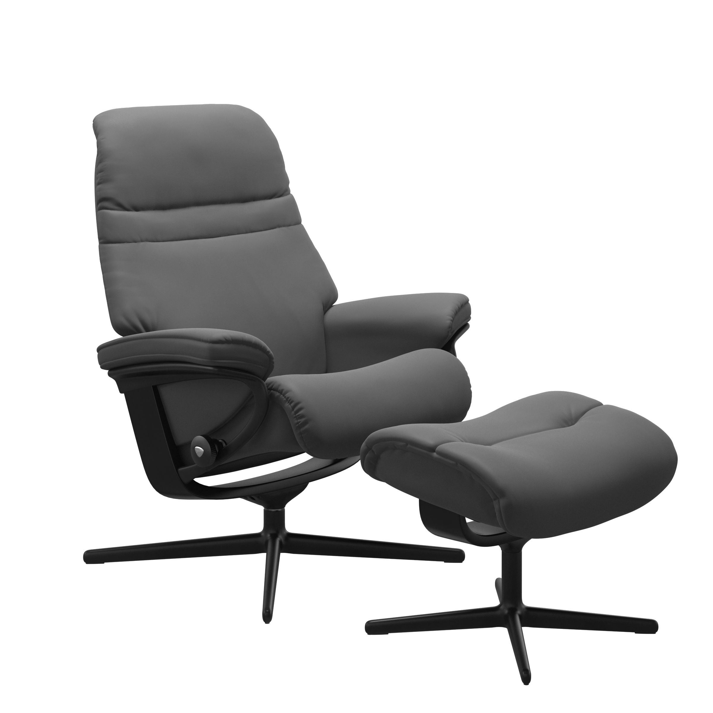 Stressless Sunrise Sessel mit Hocker, mit Cross Untergestell in schwarzem Holz und schwarzem Metall, bezogen in Echtleder Batick grau