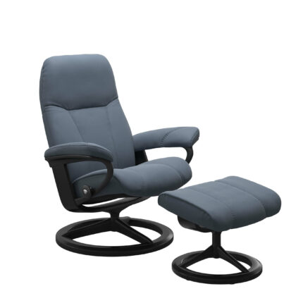 Stressless Signature Sessel Consul mit Hocker, Lederbezug Paloma Sparrow Blue, Holz schwarz gebeizt, Metall schwarz