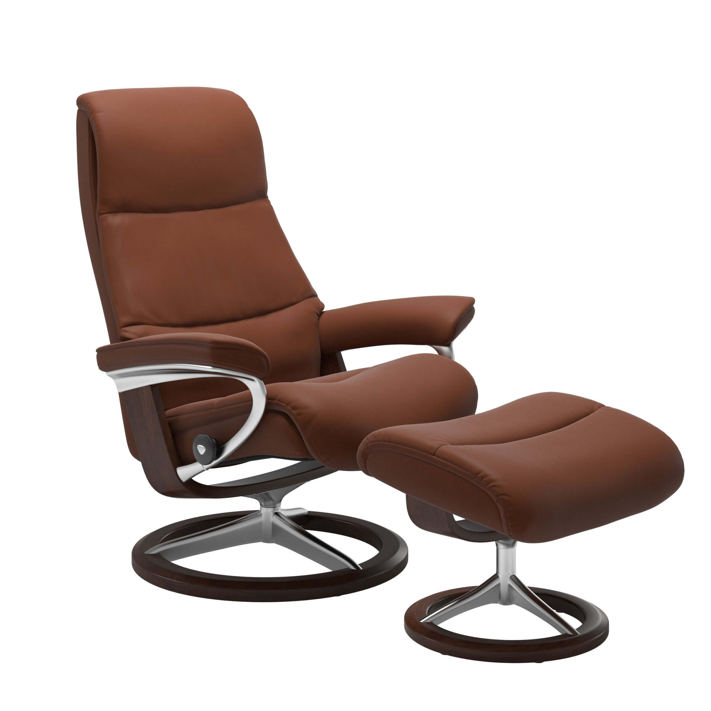 Stressless Sessel View mit Hocker, mit Signature Untergestell in Holz braun und Metall Chrom, bezogen in Echtleder Paloma Copper