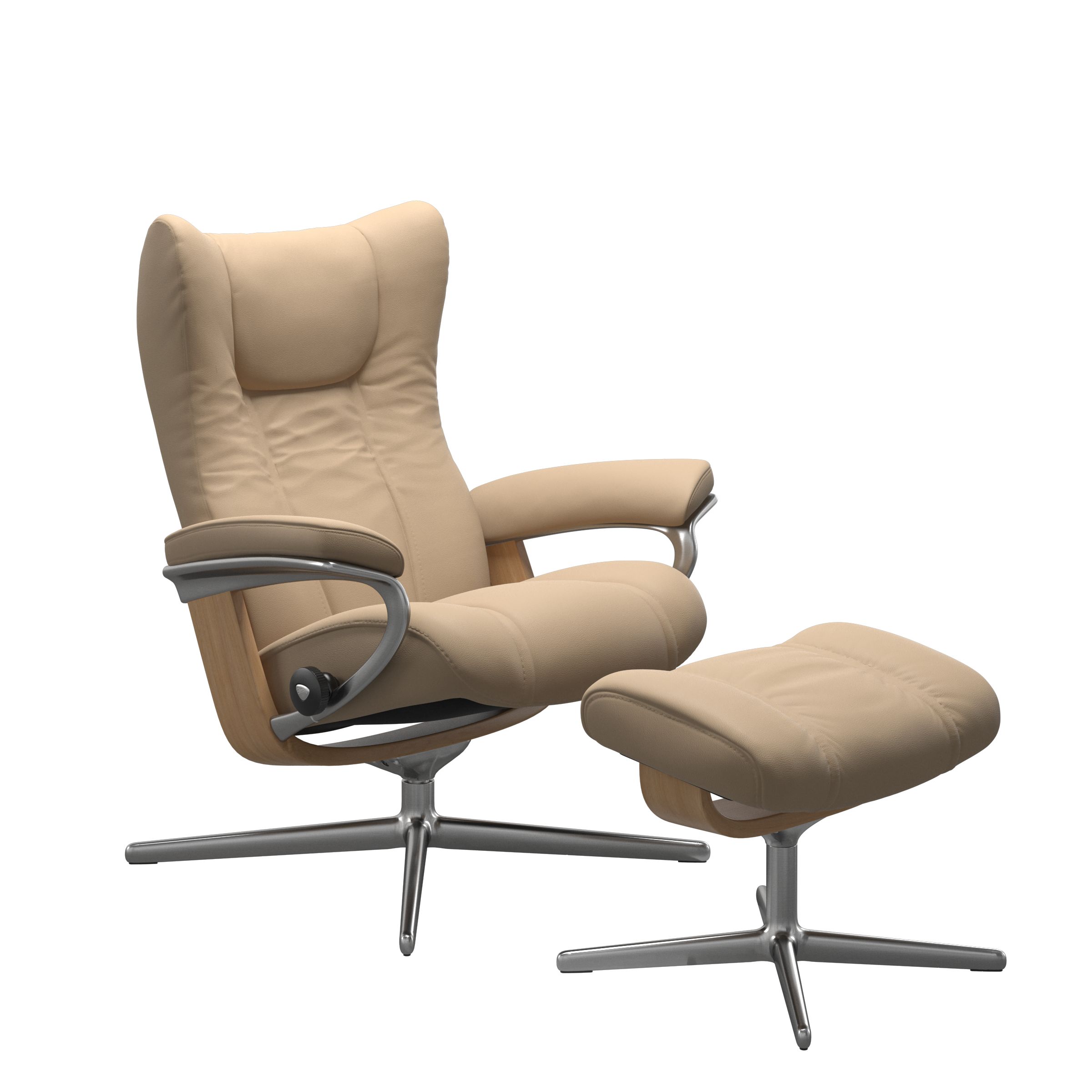 Stressless Sessel Wing mit Cross Untergestell in Eichefarben gebeiztem Holz und Metall Chrom, Echtlederbezug Paloma Beige