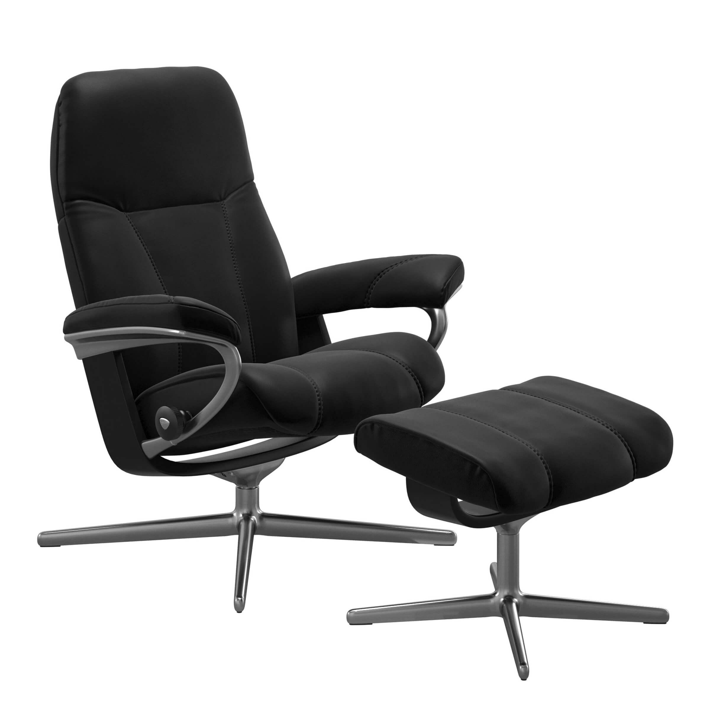Stressless Modell Consul mit Cross Untergestell, Sessel mit Hocker in schwarzem Echtleder, Untergestell in Chrom
