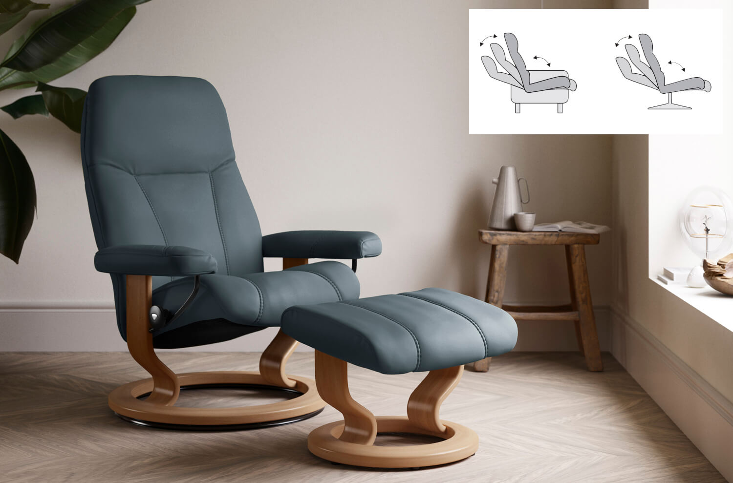 Stressless Sessel Consul mit Lederbezug, Grafik die das PlusSystem von Stressless erkl&auml;rt