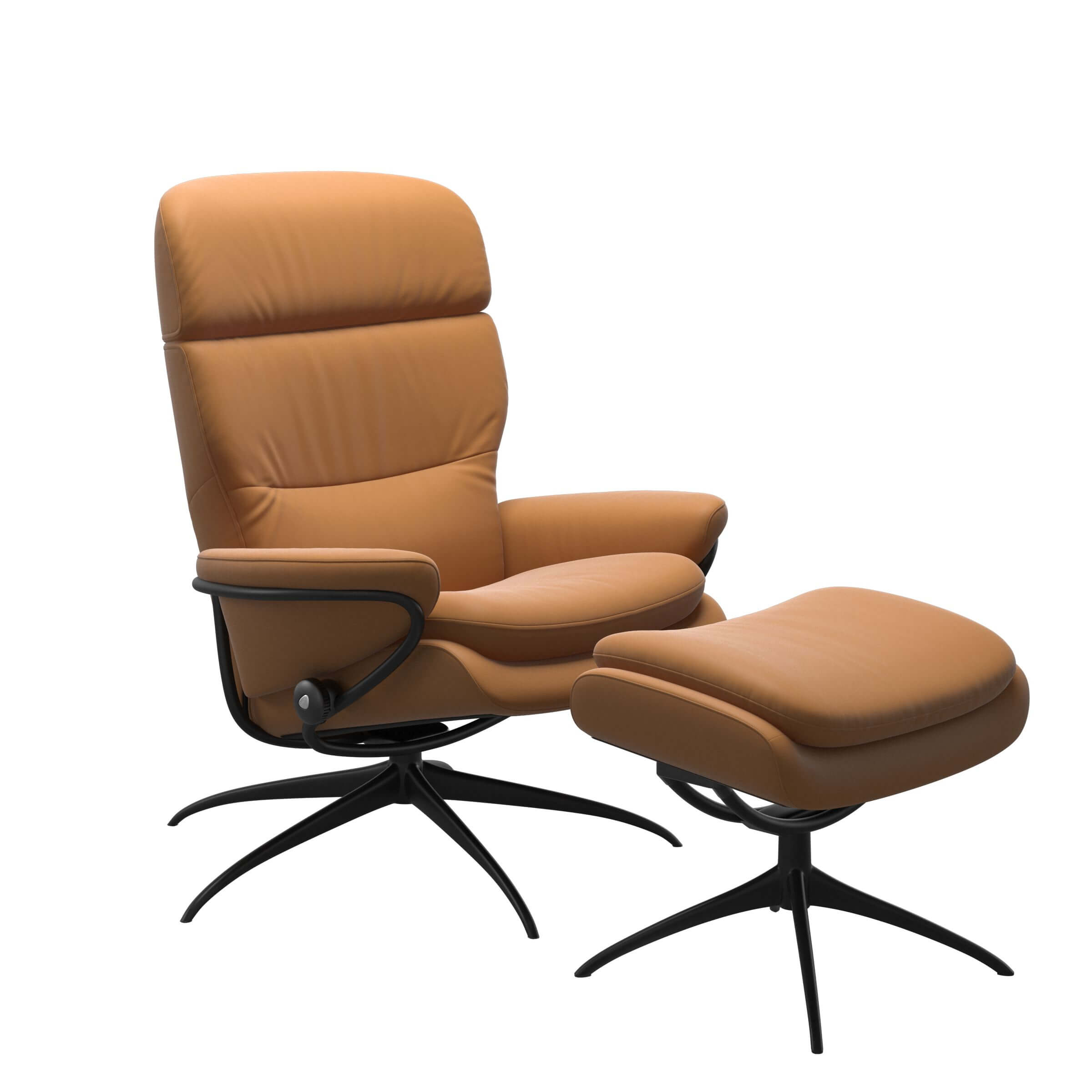 Stressless Modell Rome mit höhenverstellbarer Kopfstütze, Starbase Untergestell in Metall schwarz, Echtlederbezug Caramel
